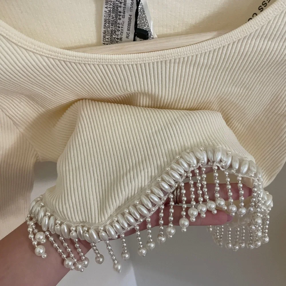 NWT ZARA PEARL EMBELLISHED CREAM CROP TOP SIZE M
